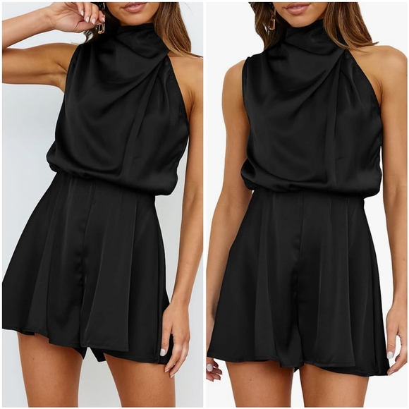 BTFBM Pants - NWT BTFBM Black Satin Mock High Neck Short Sleeveless Formal Jumpsuit Romper S
